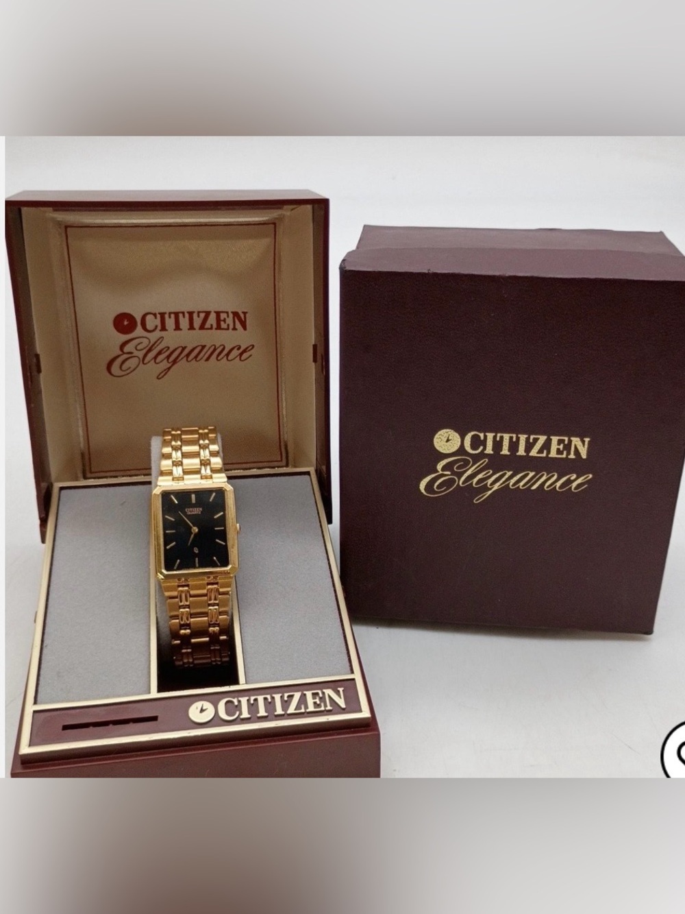 Vintage Citizen Elegance Gold Tone Rectangular Watch with Black Dial IOB